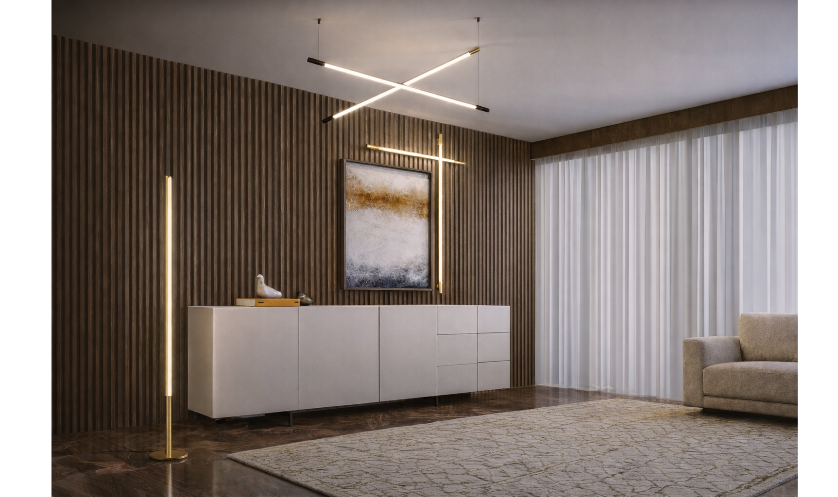 Modern living room with a white sideboard, abstract painting, and a lamp.