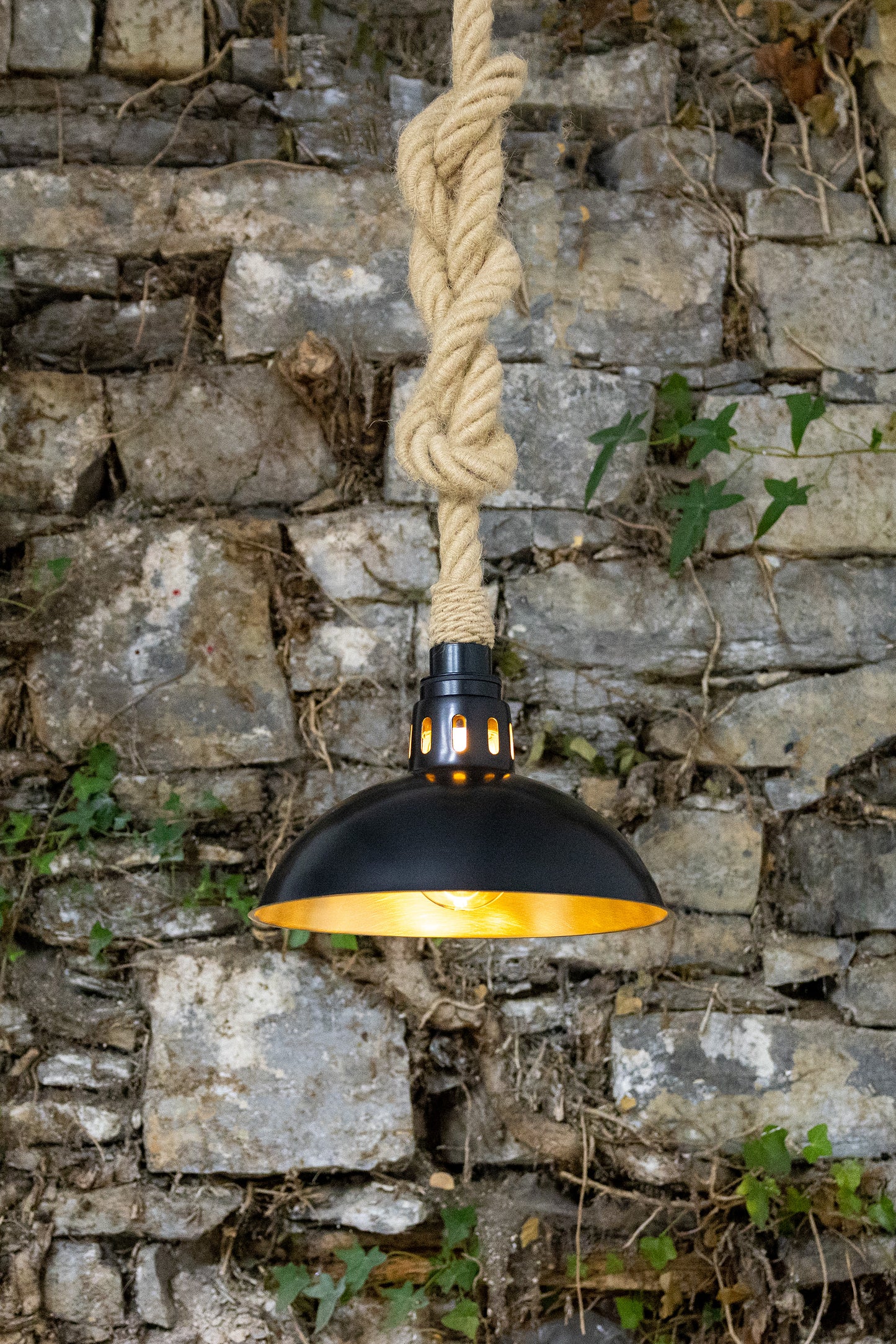 Tahiti Jute Rope Pendant Light with Vintage Brass Shade 30cm IP65