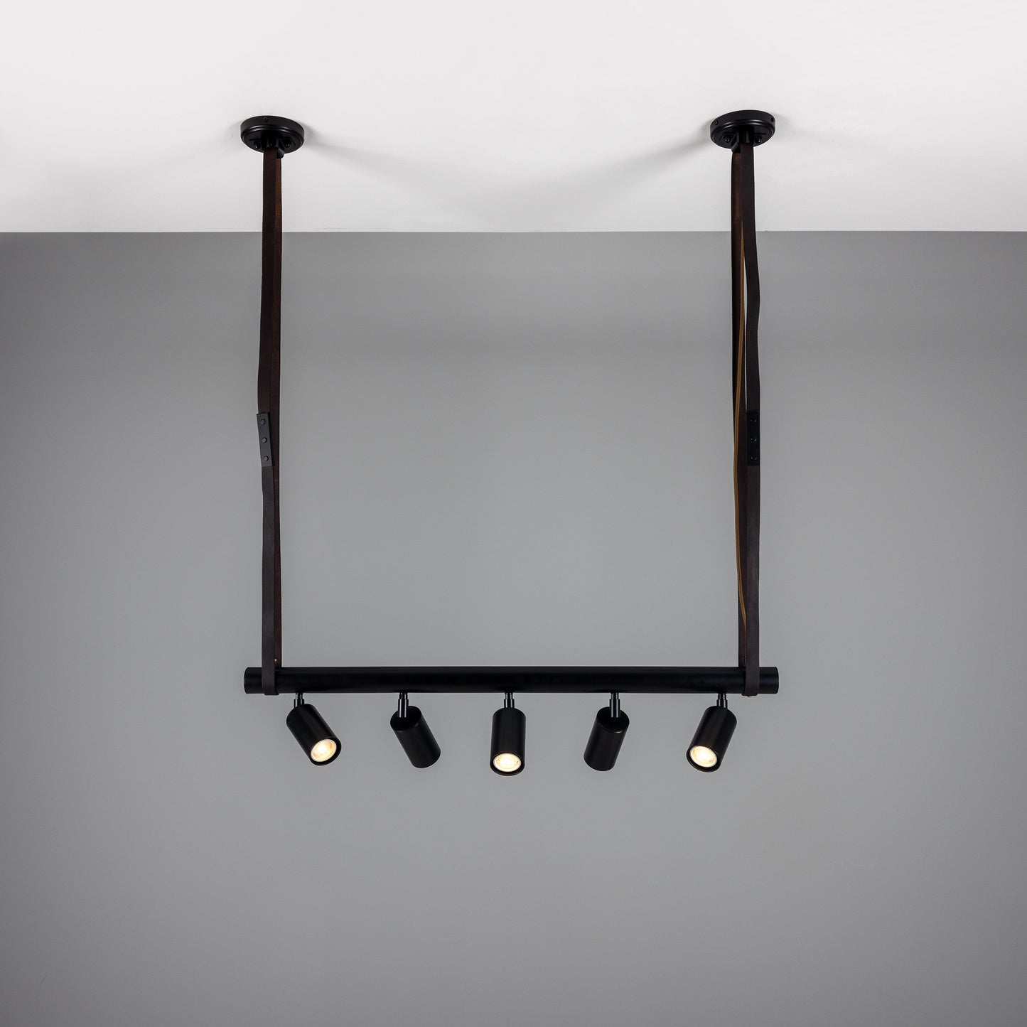 Holmes Linear Island Pendant with Leather Straps, Five-Light