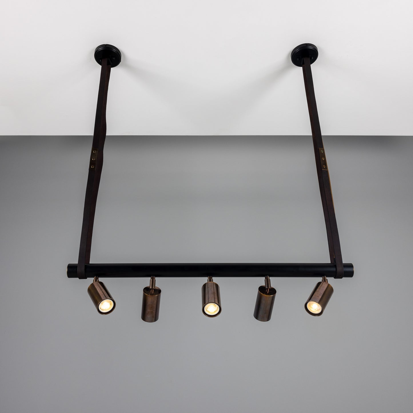 Holmes Linear Island Pendant with Leather Straps, Five-Light