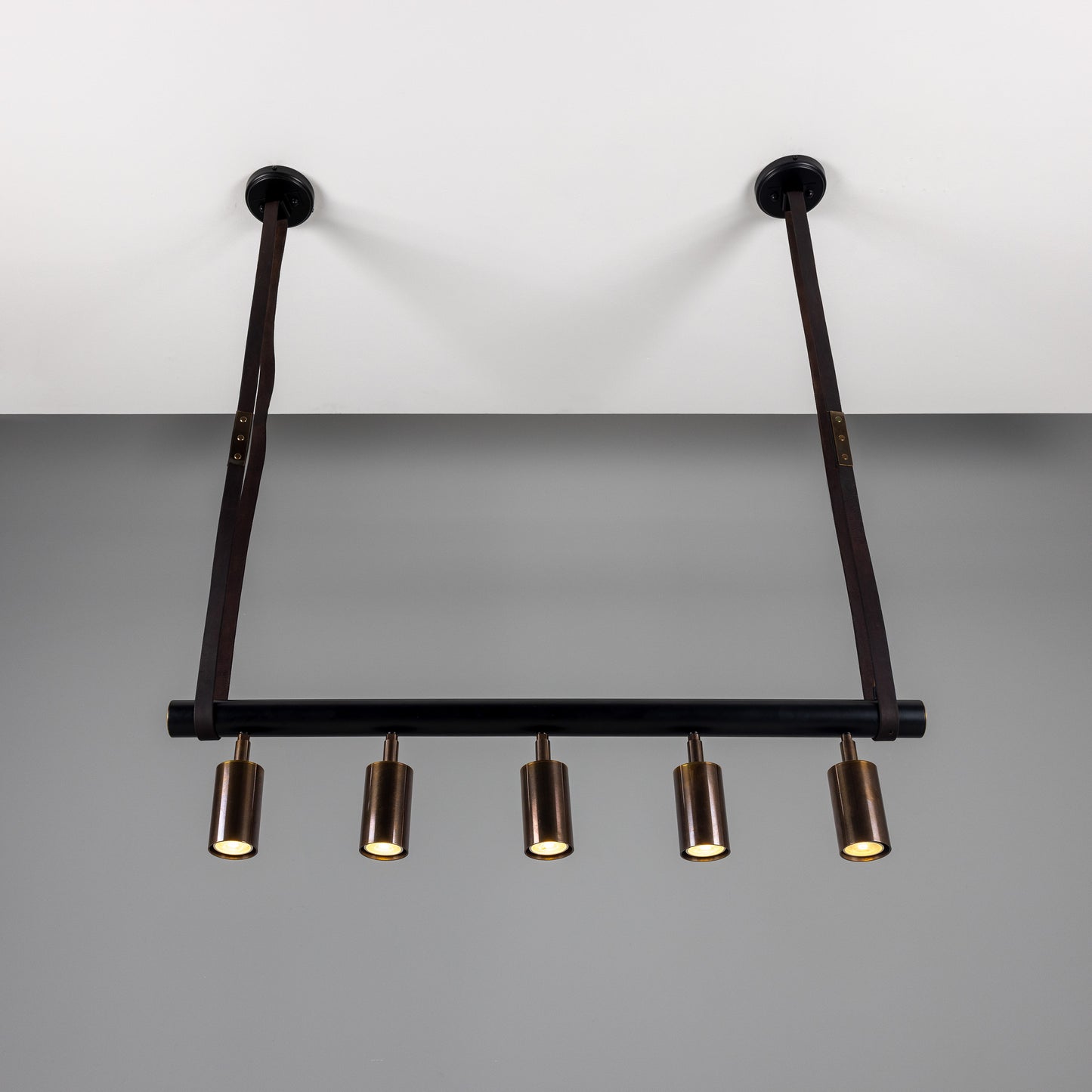 Holmes Linear Island Pendant with Leather Straps, Five-Light