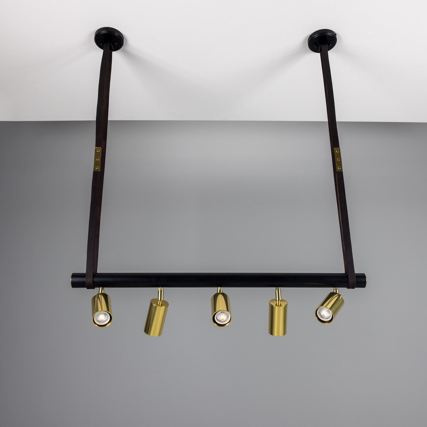 Holmes Linear Island Pendant with Leather Straps, Five-Light