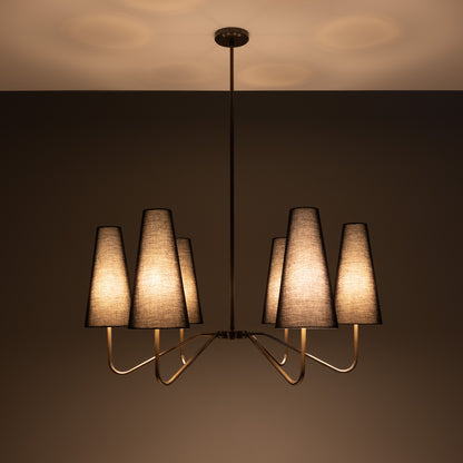 Para Modern Brass Chandelier with Fabric Shades, Six-Arm