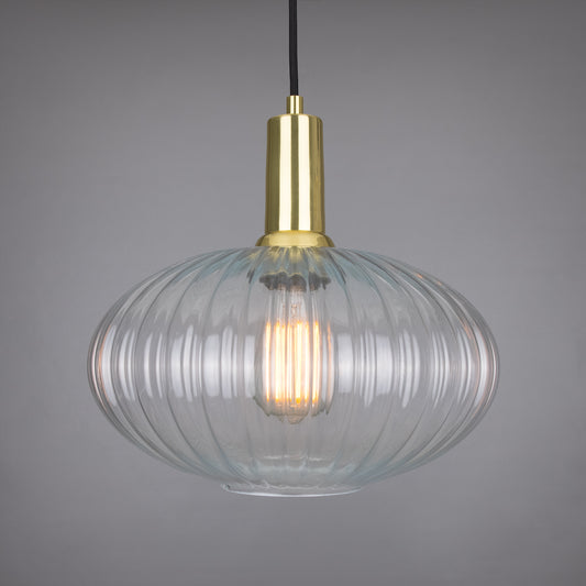 Neith Oval Reeded Glass and Brass Pendant