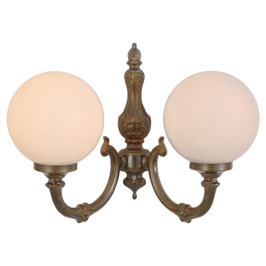 Ben Two-Arm Ornate Brass Wall Light with Opal Glass Globes