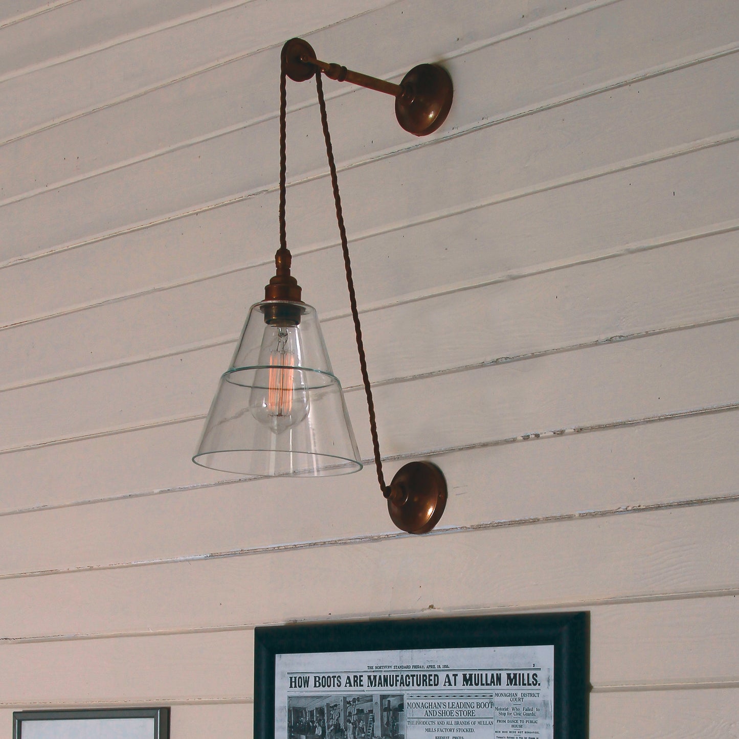 Rigale Industrial Pulley Wall Light with Stepped Glass Lamp Shade