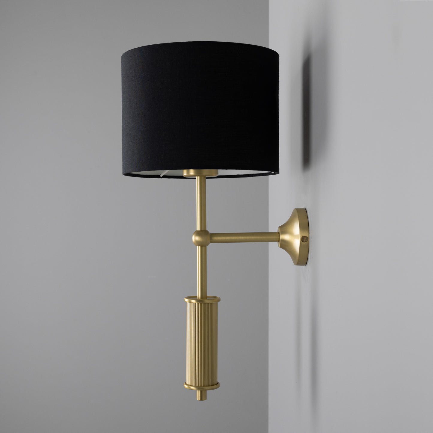 Gorey Contemporary Brass Wall Light with Drum Fabric Shade