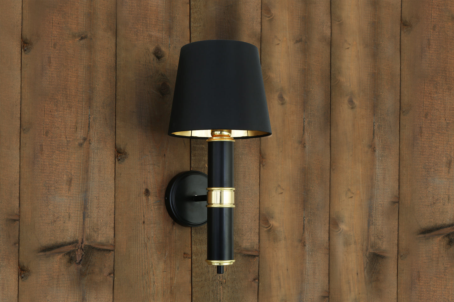 Kangos Polished Brass and Black Pillar Wall Light with Fabric Shade