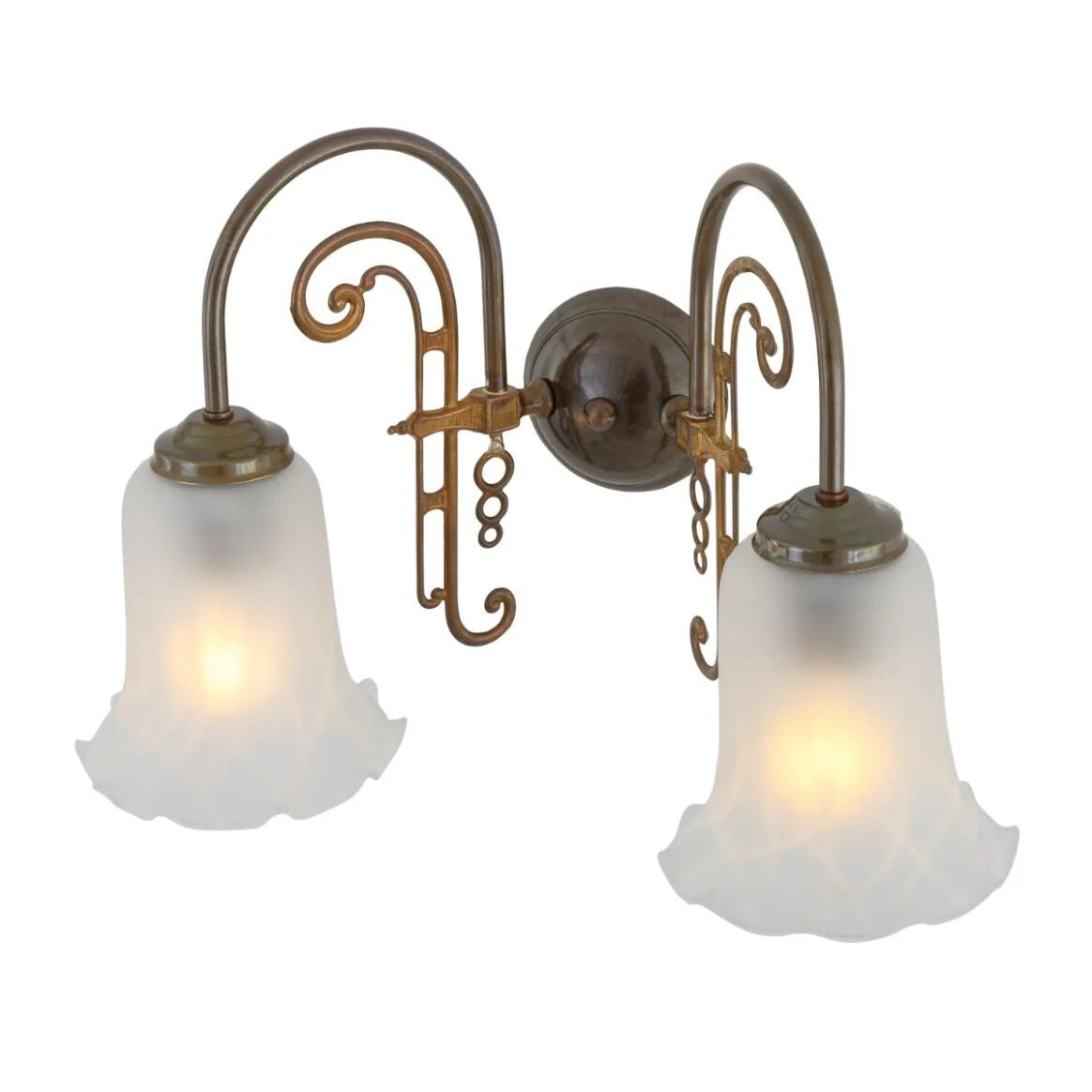 Medan Two-Arm Ornate Brass Wall Light with Etched Glass Shades