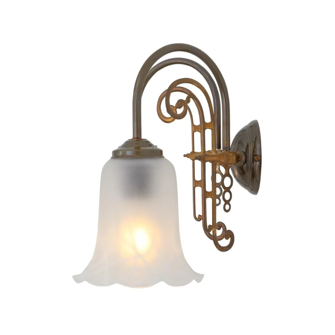 Medan Two-Arm Ornate Brass Wall Light with Etched Glass Shades