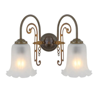 Medan Two-Arm Ornate Brass Wall Light with Etched Glass Shades