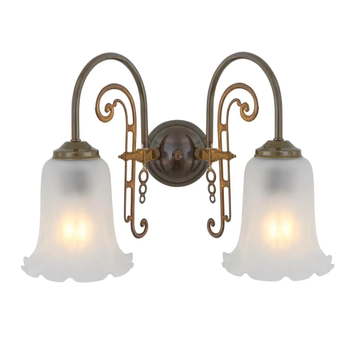 Medan Two-Arm Ornate Brass Wall Light with Etched Glass Shades