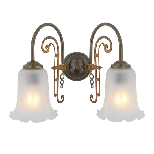 Medan Two-Arm Ornate Brass Wall Light with Etched Glass Shades