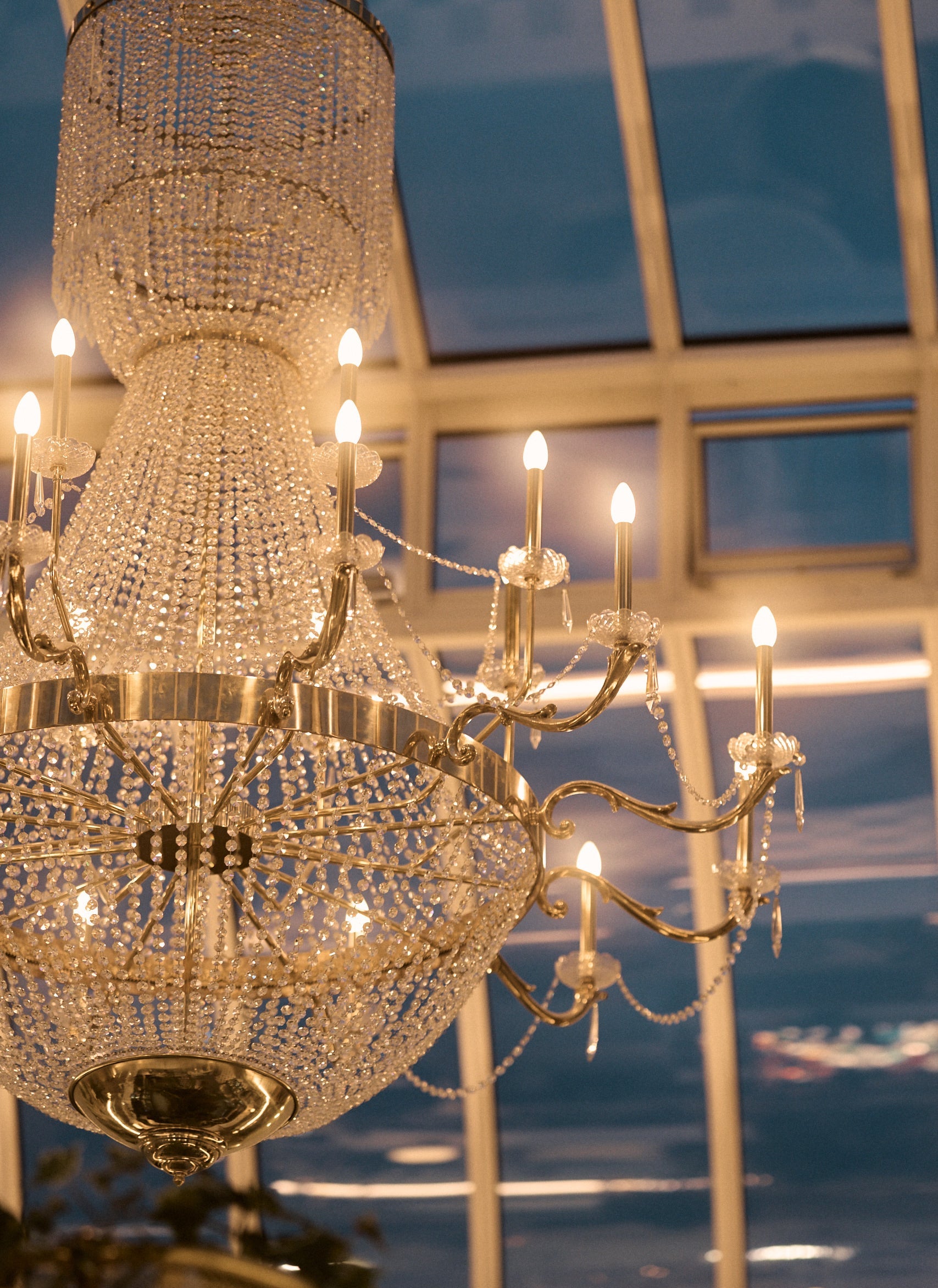 Crystal chandelier with a reflective background