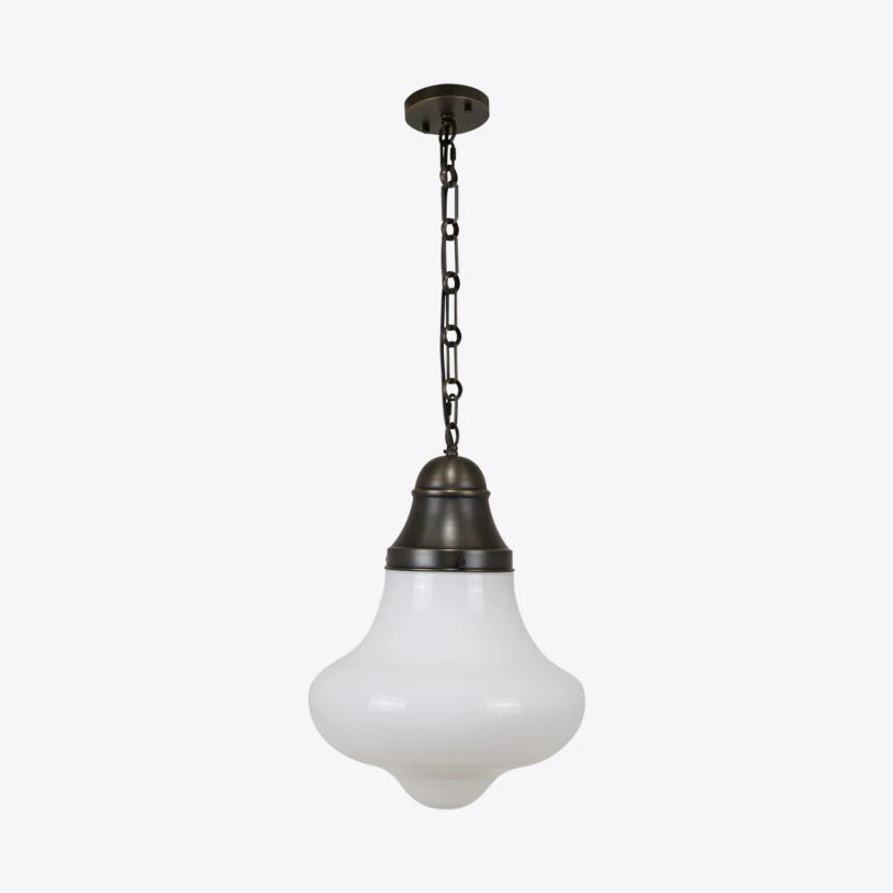 Vintage-style pendant light with white glass shade and bronze fixture on a white background