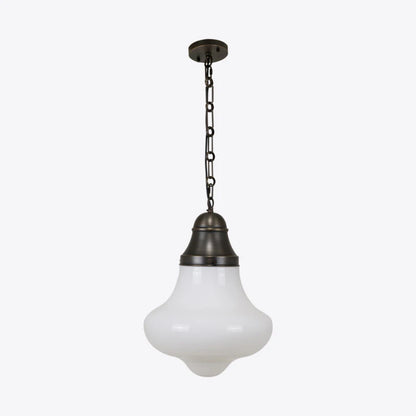 Vintage-style pendant light with white glass shade and bronze fixture on a white background