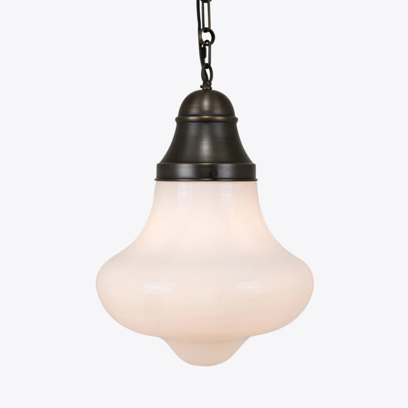 Vintage-style pendant light with a white glass shade on a white background