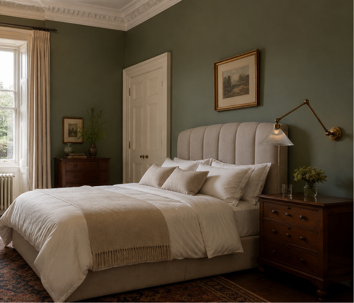 A styled bedroom featuring a bed dressed in cream bedding, set against sage green walls. The room includes a tufted beige headboard, matching curtains, a dark wood nightstand with a brass wall lamp, and a patterned area rug on a hardwood floor.