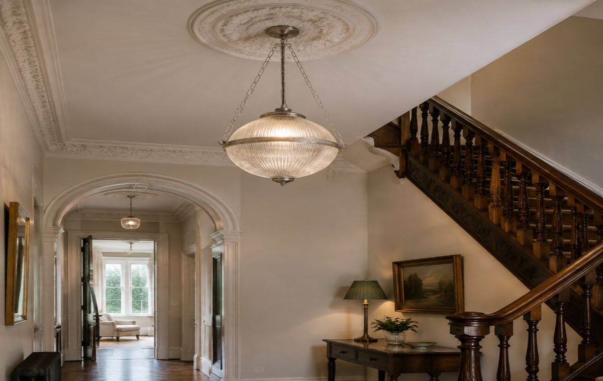 An elegant interior hallway with a wooden staircase on the right, a hanging glass chandelier, a console table with a lamp, and a patterned rug on dark hardwood floors.