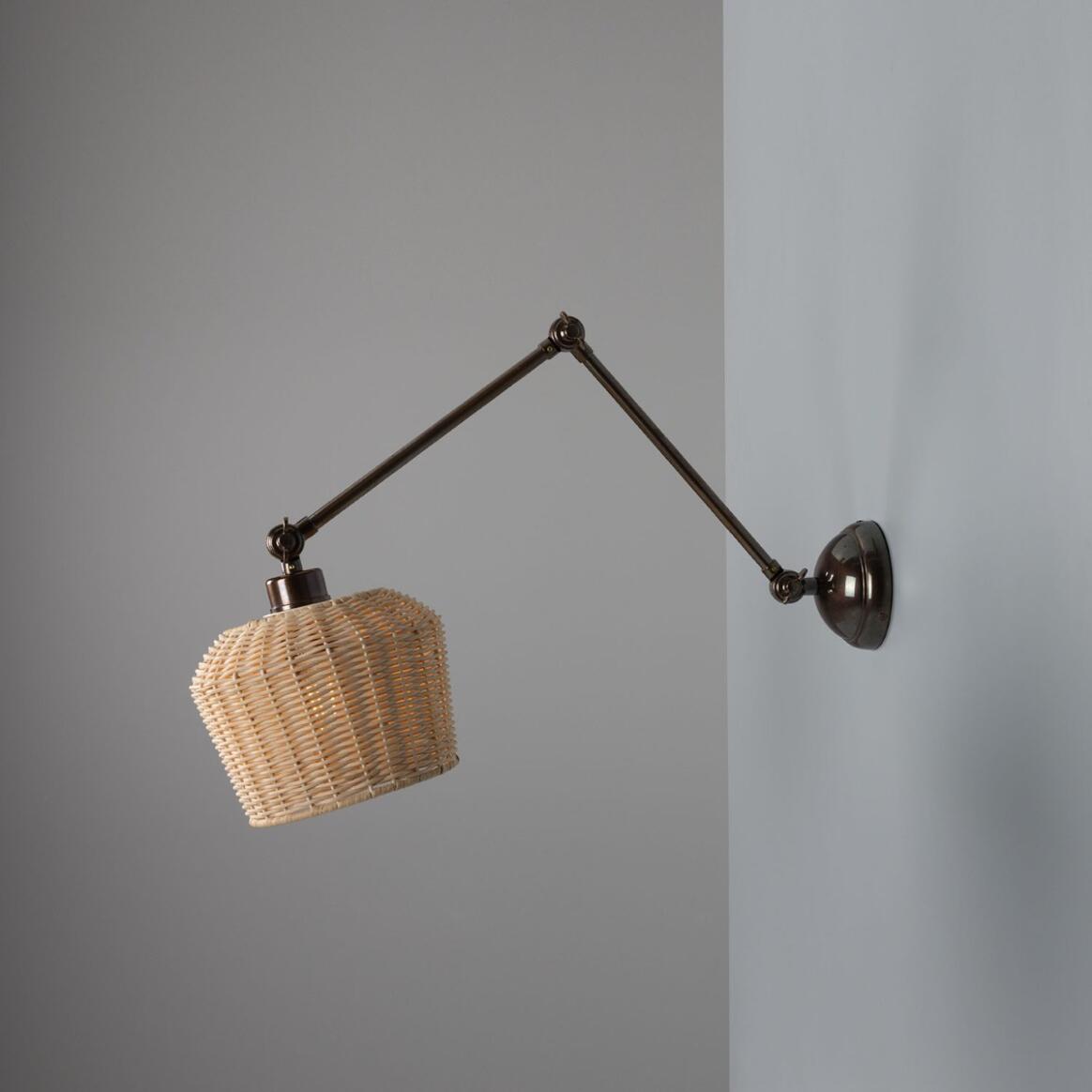 Manila Adjustable Arm Wall Light with Small Rattan Shade